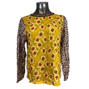 Blink London Womens Shirt Long Sleeve Crochet Trim Floral Yellow Pink Size Small